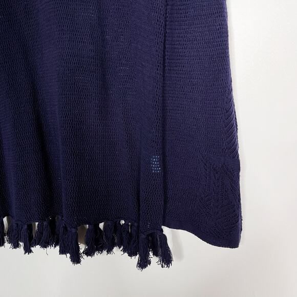 J Mclaughlin Small S Navy Blue Fringe Tassel Open Knit Sweater Long Sleeve VNeck - Picture 3 of 8